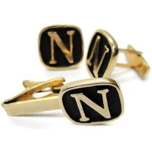 "N" Initial Cufflinks Set w Neck Tie Clip Pat No Black Gold Tone Tux Suit Vtg